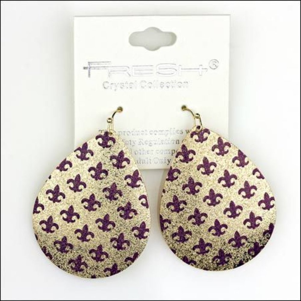 Fleur De Lis Purple and Gold Teardrop Earrings